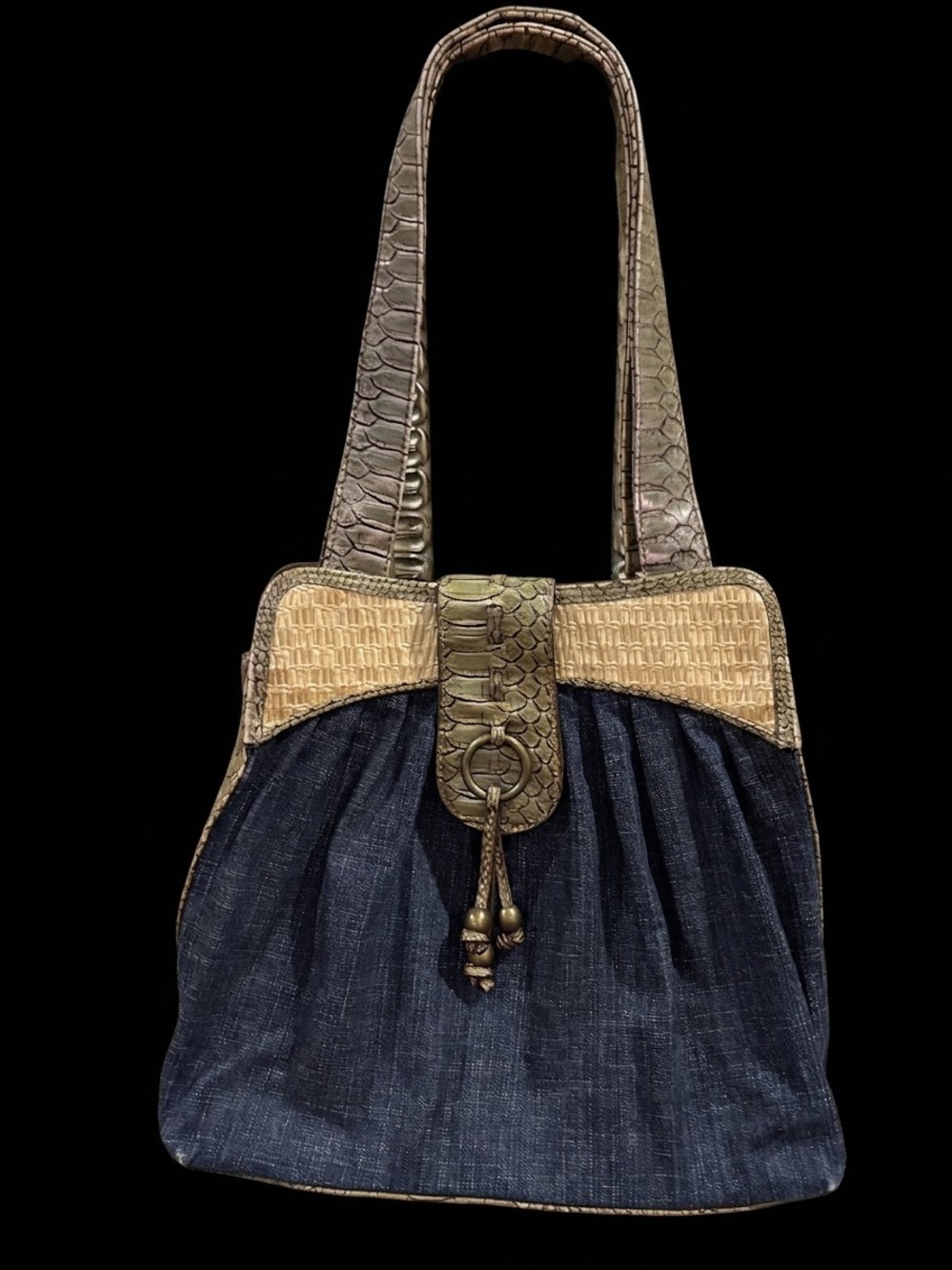 Nine & Co Vintage 90’s Denim and Faux-Snake Trim Shoulder Bag - Blue and Tan